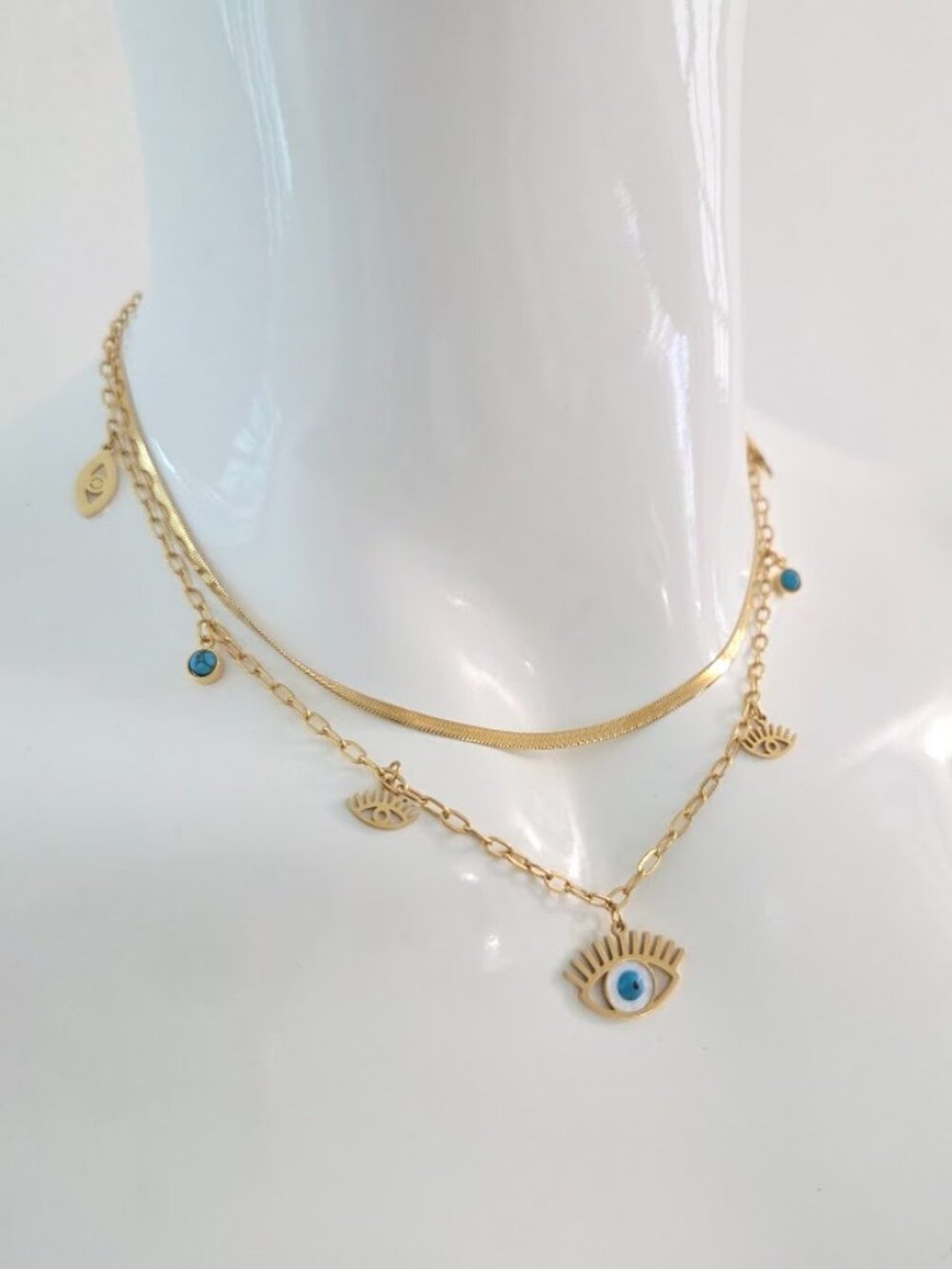 Gold Layered Evil Eye Necklace with Blue Eye Charms & Snake Chain - Picture 9 of 12